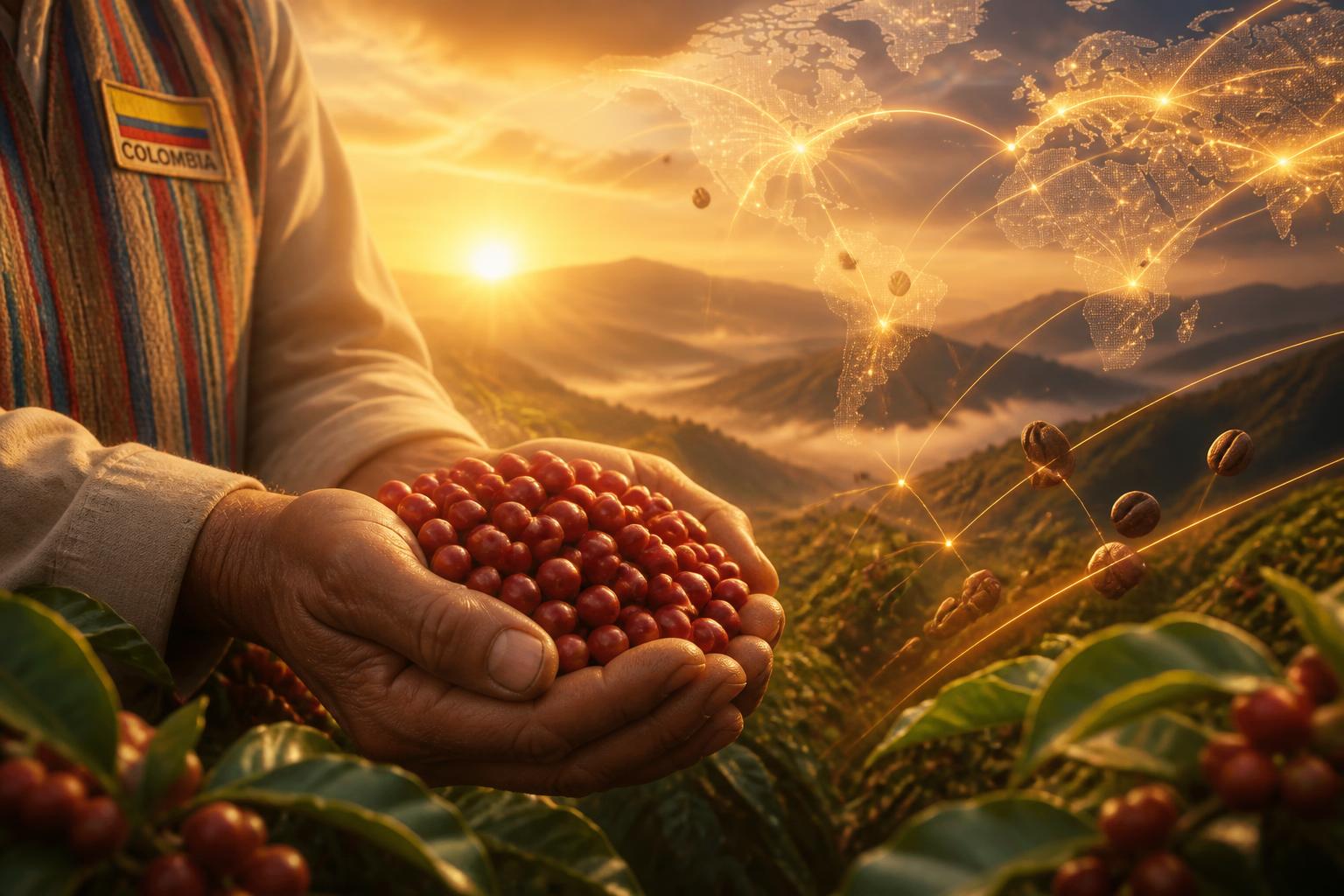 Productor de café colombiano sosteniendo cerezas maduras con red comercial global