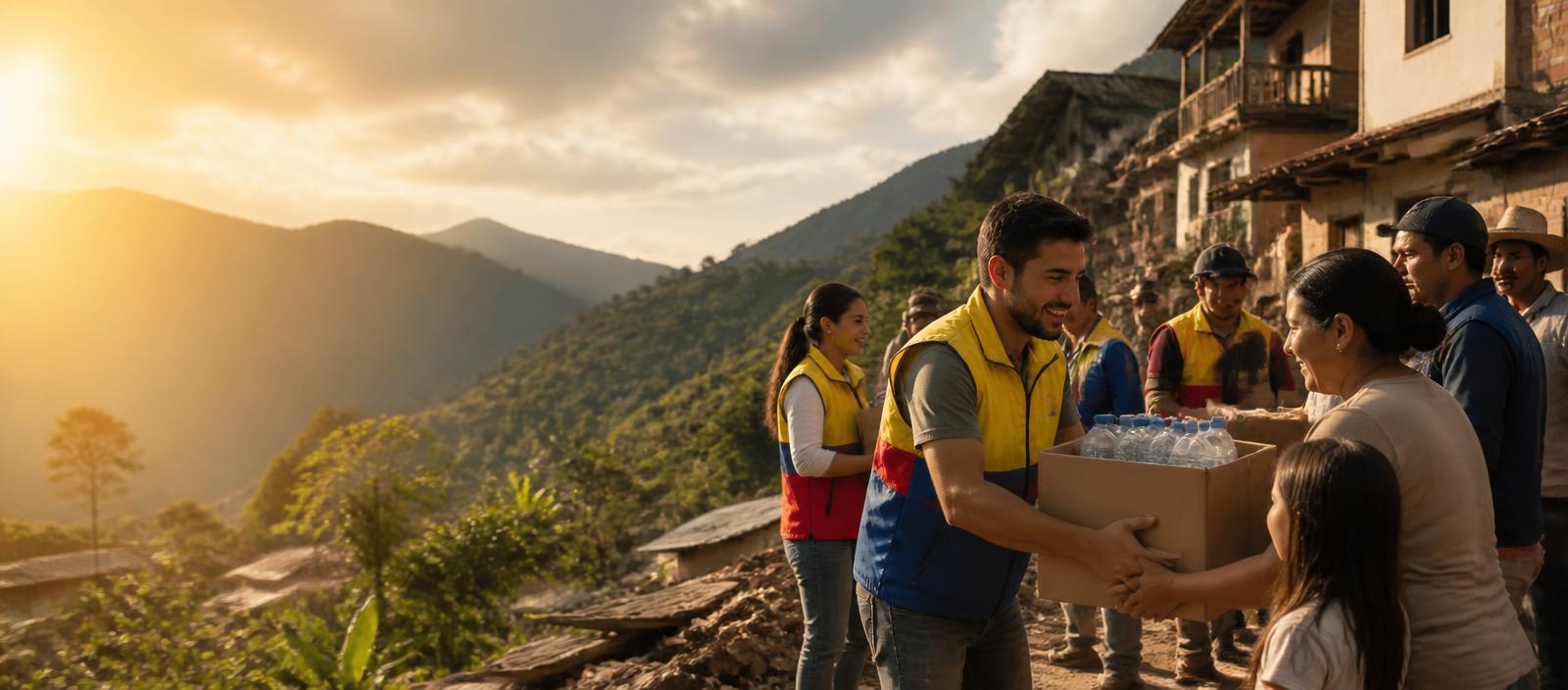 Voluntarios entregando ayuda humanitaria a familias damnificadas por el terremoto en Colombia